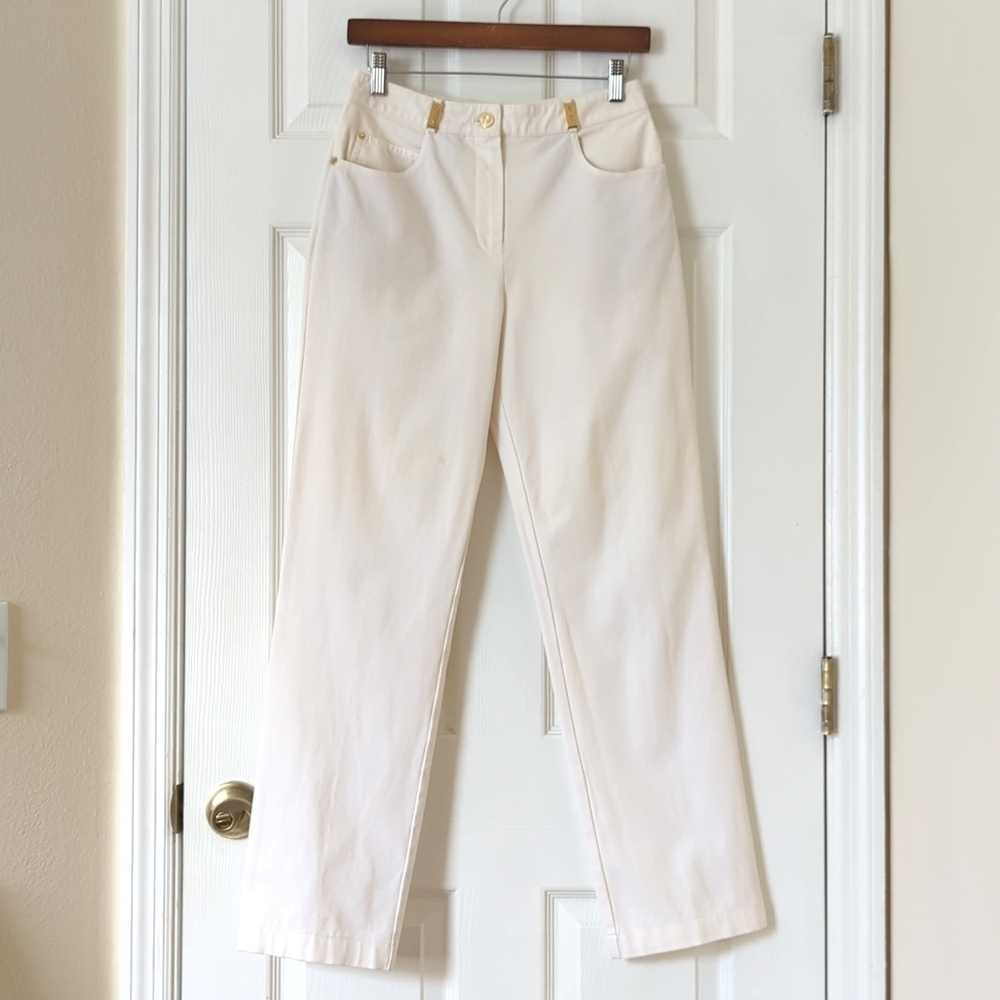 St. John Sport Lightweight High Waisted Relaxed Fit Straight Leg Pants Cream 4